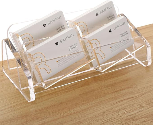 SANRUI Business Card Holder for Desk, Slant Clear Acrylic Desktop Cards Organizer, 2 Tier 4 Slots, Holds 240 Cards