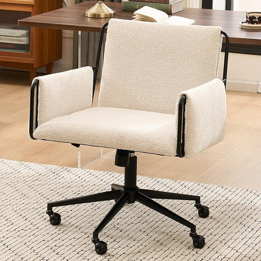 Kidol & Shellder Office Desk Chair with Arm, Swivel Adjustable Height with Wheels Comfortable Wide Seat for Home Office, Bedroom, Makeup Room, Beige