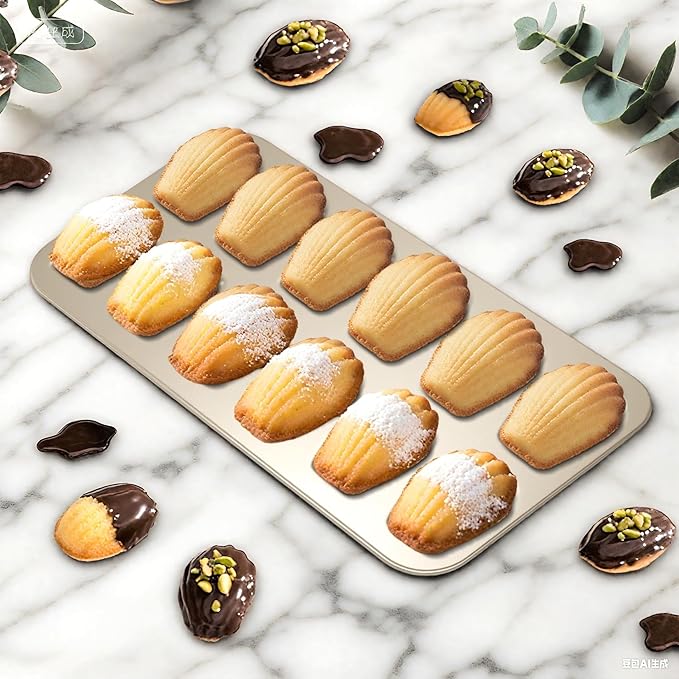 Madeleine Pans Set of 2, Nonstick 12-Cavity Madeleines Mold Cookie Tray for Baking, Heavy Duty Warp Resistant Cute Shell Shape Madeleine Mold Cake Pan-Gold