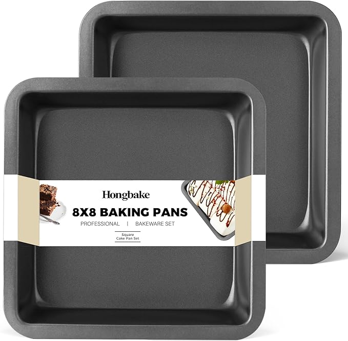HONGBAKE 8x8 Cake Baking Pan Set, Nonstick Square Brownie Pans with Wider Grips, 2 Pieces, Heavy Duty, Grey