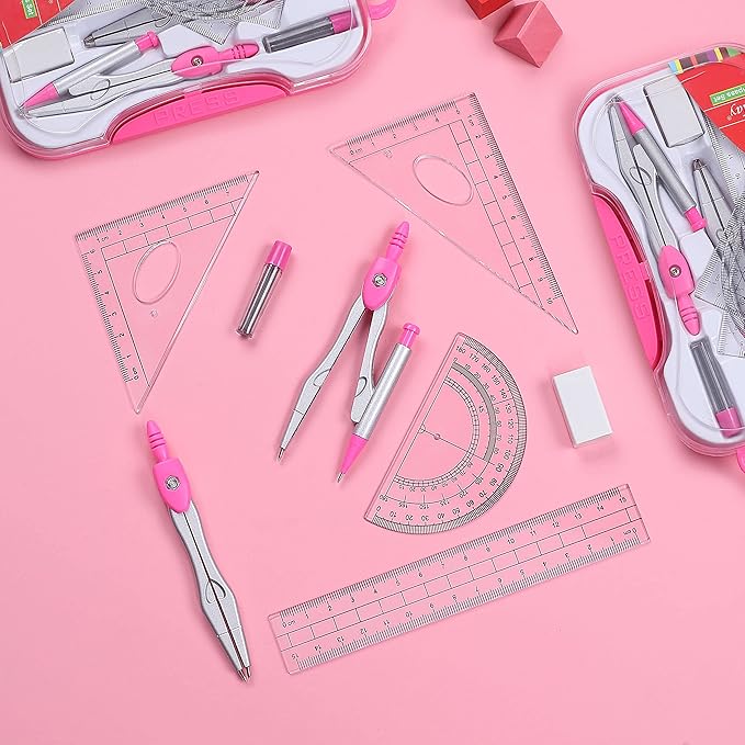 Lifreer Geometry Set,10 Pcs Protractor and Compass Set, Math and Ruler Set for Students, Class Supplies, and School - Essential Compass Geometry Tools for Precision and Quality (RED)