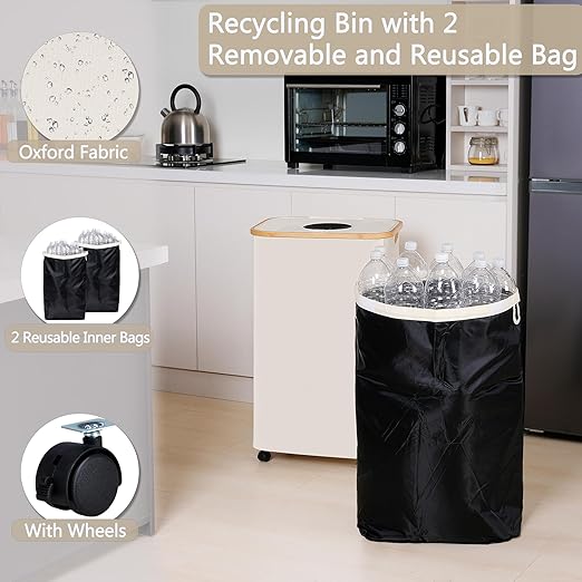 efluky Recycle Bins for Kitchen 100L (26 Gallon), Recycling Bin with Wheels and 2 Removeable and Reusable Inner Bags, Kitchen Recycling bin with lid for Bottle Can Plastice Stickers, Beige