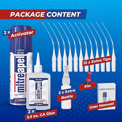 MITREAPEL Super CA Glue (2 x 3.5 oz) with Spray Adhesive Activator (2 x 13.5 fl oz), Cyanoacrylate Super Glue for Plastic, Glass, Ceramic, DIY, 3D Printing with Microtips - 2 Pack
