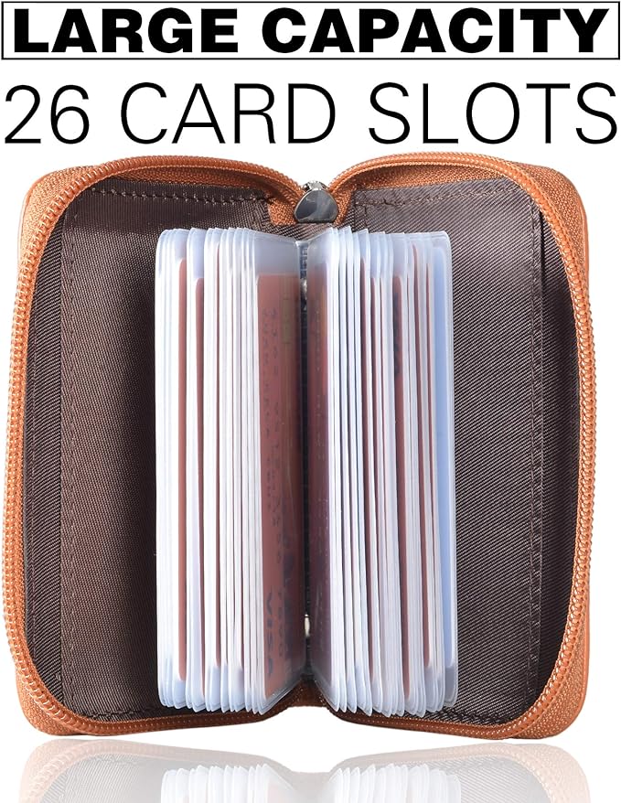 Easyoulife Genuine Leather Credit Card Holder Zipper Wallet With 26 Card Slots