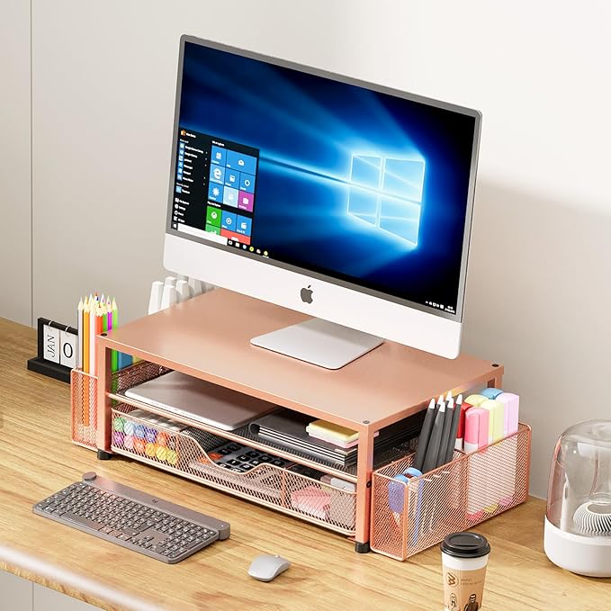 Desk Organizers and Accessories, 2-Tier Computer Monitor Stand with Drawer and 2 Pen Holders, Laptop Stand, Office Desk Accessories for Office Supplies, Rose Gold