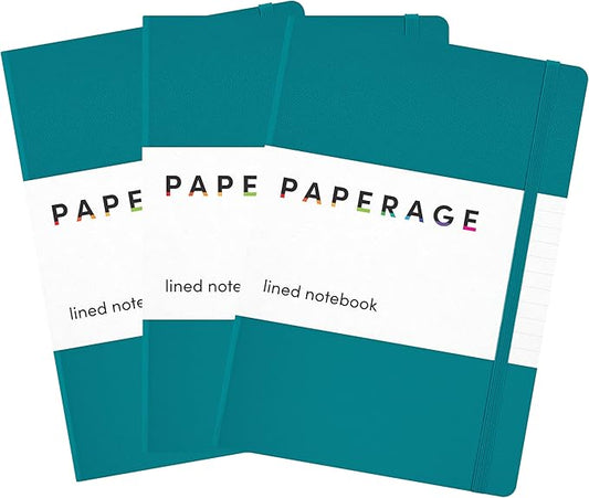 PAPERAGE Lined Journal Notebook, 3 Pack, (Turquoise), 160 Pages, Medium 5.6 in x 8 in - 100 GSM Thick Paper – Hardcover Journaling Notebook for Work, School & Note Taking