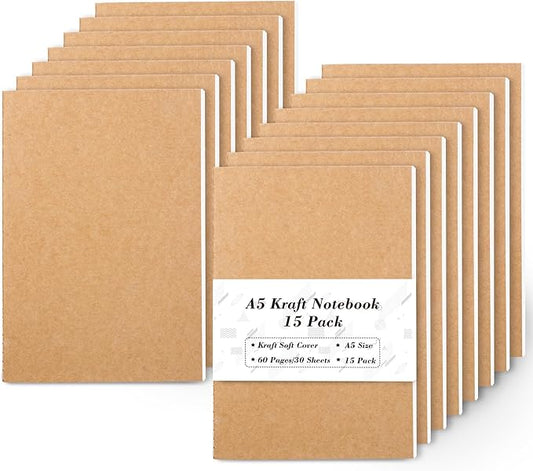 feela 15 Pack A5 Kraft Notebooks, 60 Lined Blank Pages Travel Journal Bulk, Soft Cover Notebooks for Women Girls Students, Making Plans Writing Memos Office School Supplies, 8.3 X 5.5 in