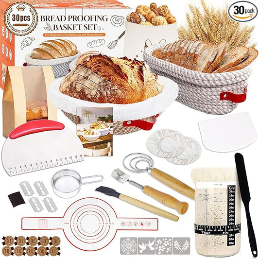 Sourdough Starter Kit, Sourdough Bread Baking Supplies, Cotton Rope Banneton Bread Proofing Basket Set with Sourdough Starter Jar for Bread Making Baking, Sour Dough Kit Tools Gifts for Bakers Women