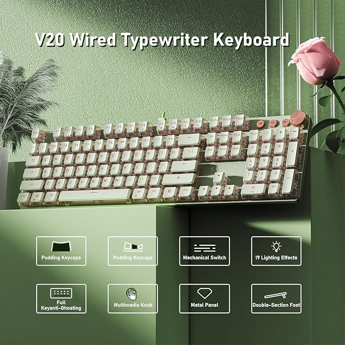 EWEADN V20 Wired Mechanical Keyboard, 104 Keys Backlit LED Keyboards, Media Control Knob, Wired Computer Keyboard Pink Switch for Windows/Mac/PC-Matcha Green