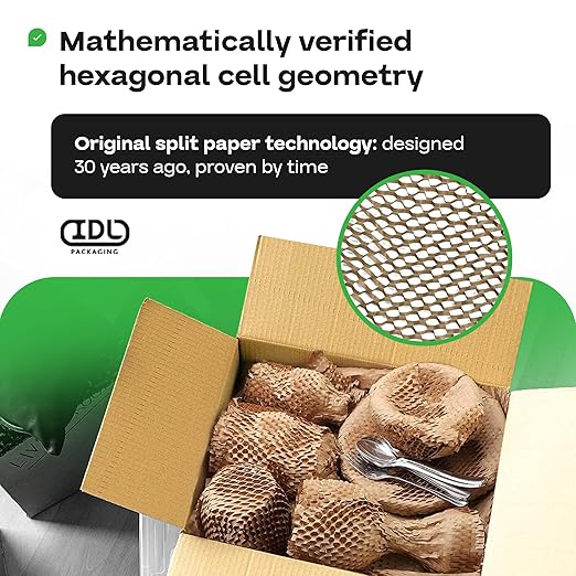 IDL Packaging Original HexcelWrap Honeycomb Packing Kraft Paper 15.25" x 300' Roll in Self-Dispensed Box, White - The First Patented Interlocking Slit Paper Design for Shipping