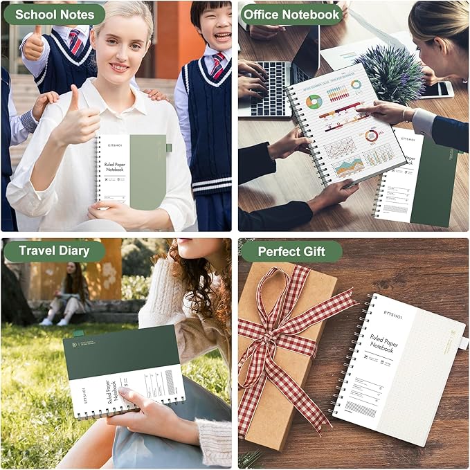 EMSHOI Lined Spiral Journal Notebook, A5 College Ruled Notebook, 300 Pages/150 Sheets, 100gsm Acid-Free Paper, Waterproof Softcover Notebook for School, Work, Note Taking, 5.7" × 8.22" - Dark Green