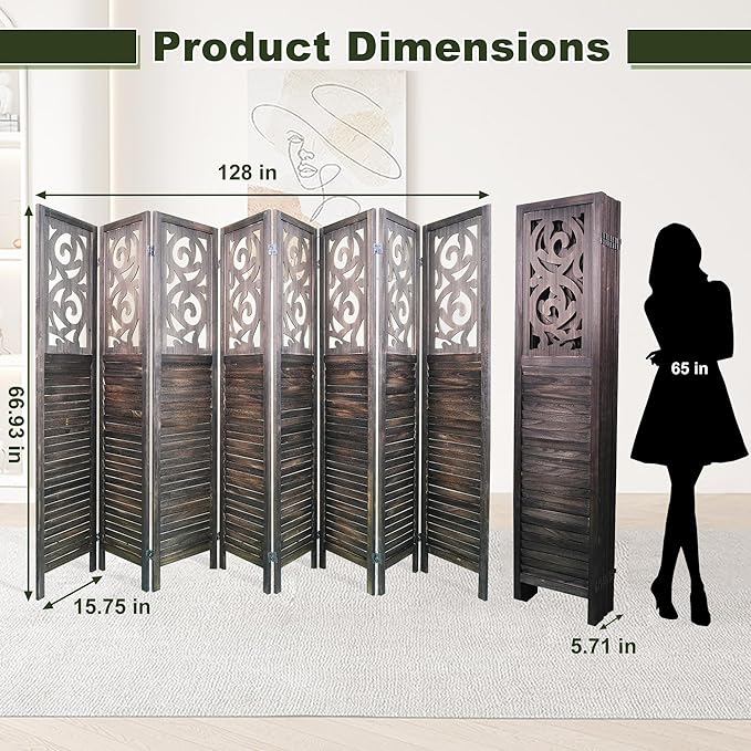NicBex 8 Panel Room Divider,5.6FT Wood Carved Room Dividers,Folding Privacy Screens Portable Freestanding Partition Wall Dividers for Room Separation,Home Bedroom Office,Rustic Brown