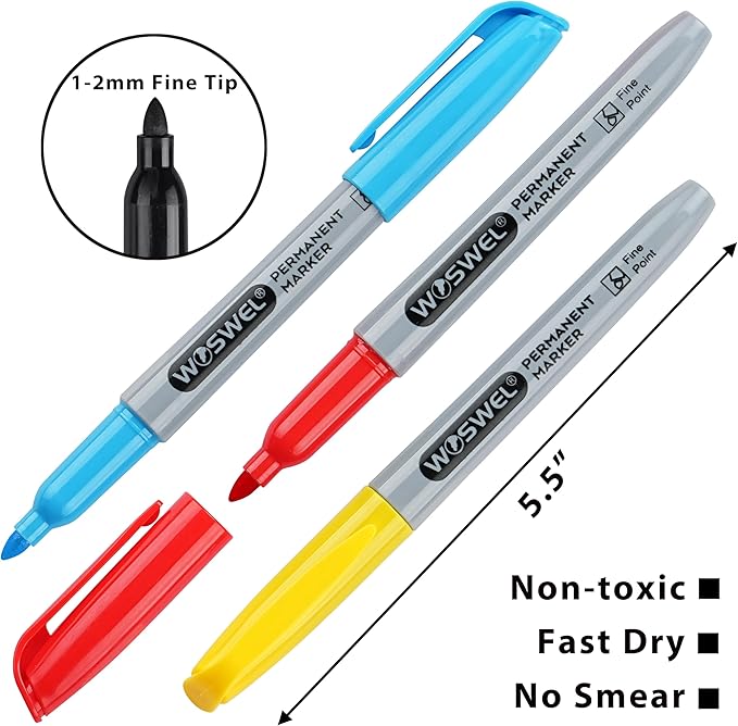 Permanent Markers Bulk, 144 Pack Permanent Marker Set, 12 Assorted Colors, Fine Point Tip, Fast Dry, Waterproof, work on Plastic, Glass, Metal, Wood and Stone, Perfect for School, Office, Home