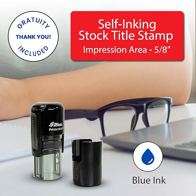 Shiny Gratuity Included Stamp, Round Self Inking Stamp for Restaurant, Bar and Retail, Blue Ink