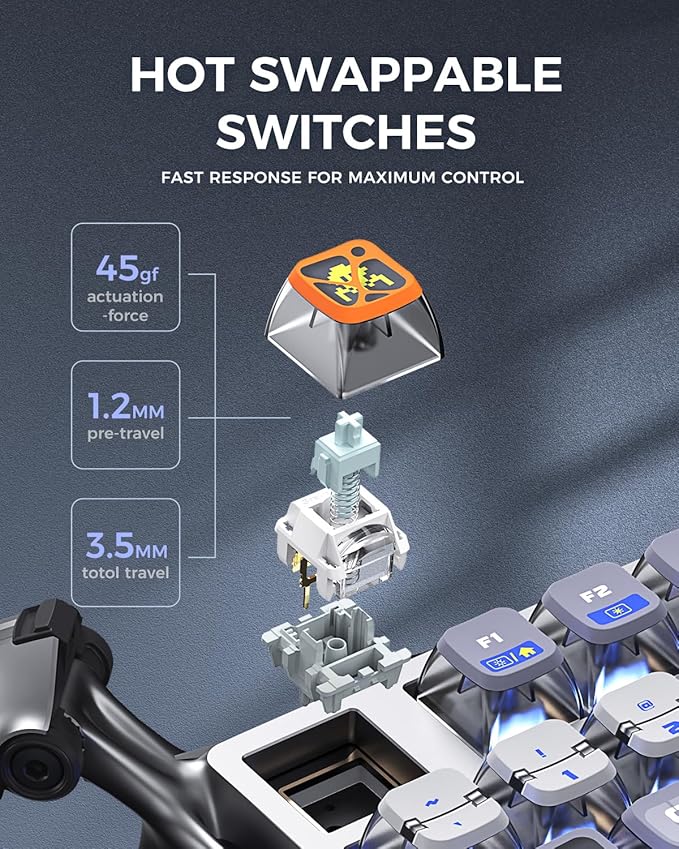 GravaStar Mercury K1 Pro Wireless Mechanical Gaming Keyboard, 75% Layout RGB Custom Keyboard, Hot-Swappable Linear Switches – Aluminum Alloy, Interstellar Silver Brushed Metal Look