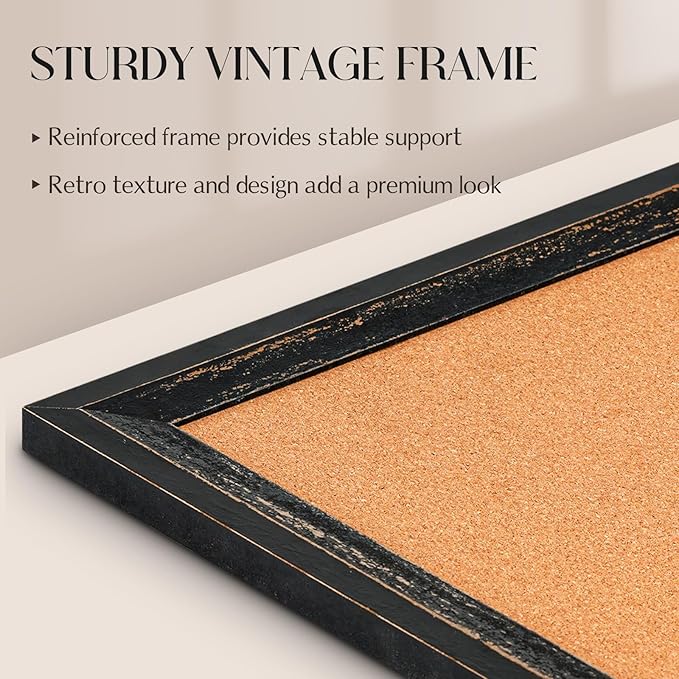 Cork Board Bulletin Board - 24" x 18" - Rustic Black Frame Corkboard for Wall - Decorative Pin Board, Message Board, Vision Board, Picture Board, Photo Board