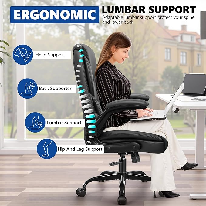 PU Leather Executive Office Chair, Ergonomic High-Back Computer & Gaming Chair with Adjustable Height, Rolling Swivel & Flip-Up Armrests, Comfy Padded Seat for Home Office-Black