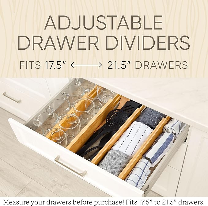 Night Tree Expandable Bamboo Drawer Dividers – Spring-Loaded Wooden Organizers for Clothes, Kitchen Utensils, Bathroom, and Dresser Drawers (17.5" to 21.5")