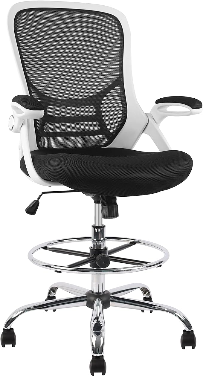 HYLONE Drafting Chair, Tall Office Chair Mesh Standing Desk Stool with Adjustable Foot Ring, Flip-Up Arms, White & Black
