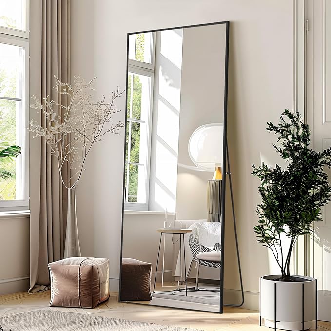MELOMOIR 56"x18" Full Length Mirror, Floor Mirror Freestanding Hanging or Leaning, Full Body Mirror for Bedroom Living Room Entryway Gym, Aluminum Alloy Frame, Black