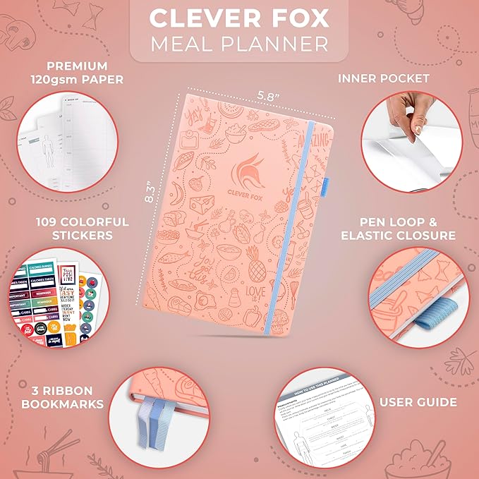 Clever Fox Weekly Meal Planner - Weekly & Daily Meal Prep Journal with Shopping and Grocery Lists for Menu Planning, Healthy Diet & Weight Loss Tracking, Lasts 1 Year, Undated, A5 - Light Pink