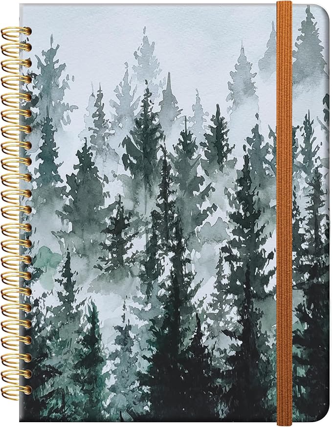Ruled Spiral Writing Notebook,A5 Hardcover Lined College Journal for Women Lady,Fashion Puppy Watercolor Strong Twin-Wire Binding with Premium Paper,8.4" X 6",Perfect for School,Office,Home Gifts(Watercolor Misty Forest)