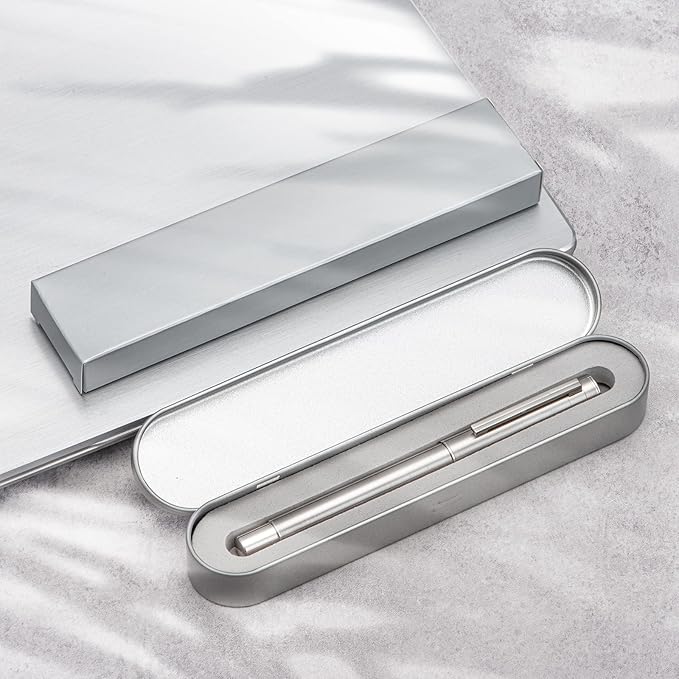 Hongdian 1861 Stainless Steel Fountain Pen Fine Nib, Classic Design Smooth Writing Pen with Converter and Metal Pen Case Set