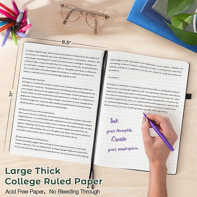 College Ruled Notebook, A4 Hardcover Leather Notebook for Work, Lined Notebook Journal for Women, Men, 192 Thick Paper, Lay Flat, Large Notebook with 2 Pockets, Professional Business Notebook, Green