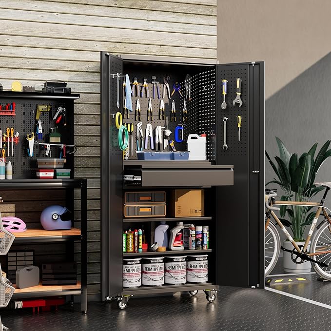 Aobabo Garage Storage Cabinet with Wheels, Metal Tool Storage Cabinet with 1 Drawer for Home,Assembly Required,Black
