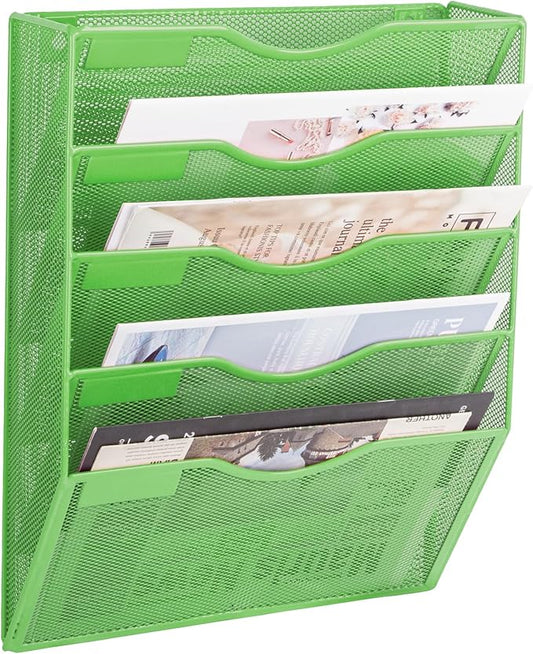 EASEPRES 5 Pocket Mesh Hanging Wall File Organizer, Wall Mounted Mail Paper Document Folder Holder, Clipboard Storage Organization Magazine Rack with Nametag Label for Office Home School, Green
