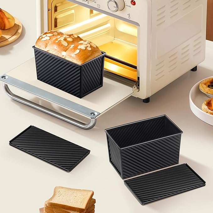LIANYU Pullman Loaf Pan with Lid, 1 LB Nonstick Bread Loaf Pan, Metal Baking Tin for Homemade Sourdough Bread, Carbon Steel Bakeware Toast Box with Cover for Toast Oven Baking, Black