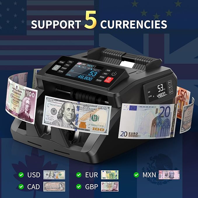 PONNOR N70 Mixed Denomination Money Counter Machine, Value Counting, Cash Counter with Three Displays, UV/MG/IR/MT Counterfeit Detection for Money Counting, Printer Enabled Bill Counter for Business