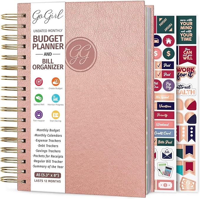 GoGirl Budget Planner & Monthly Bill Organizer – Monthly Financial Book with Pockets. Expense Tracker Notebook Journal, Compact (Rose Gold)