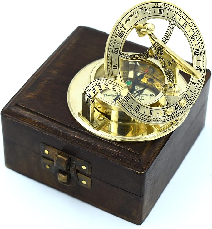 SARA NAUTICAL Antique Brass Sundial Compass, Sundial Clock in Box Gift Sun Clock Ship Replica Watch,Ship Decorations