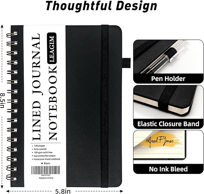 Lined Spiral Journal Notebook for Women & Men, College Ruled Hardcover Notebook for Work & Note Taking, Journals for Writing, 100 GSM, Business, School, 140 Pages, A5(5.8"x8.5") - Black