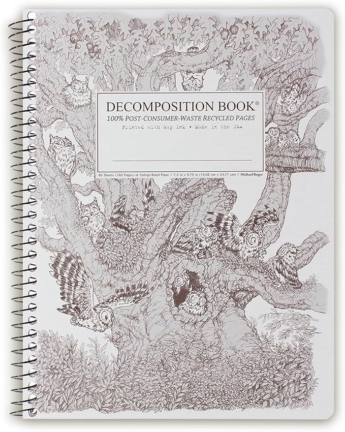 Decomposition Screech Owls College Ruled Spiral Notebook - 9.75 x 7.5 Journal with 160 Lined Pages - 100% Recycled Paper - Cute Notebooks for School Supplies, Home & Office - Made in USA
