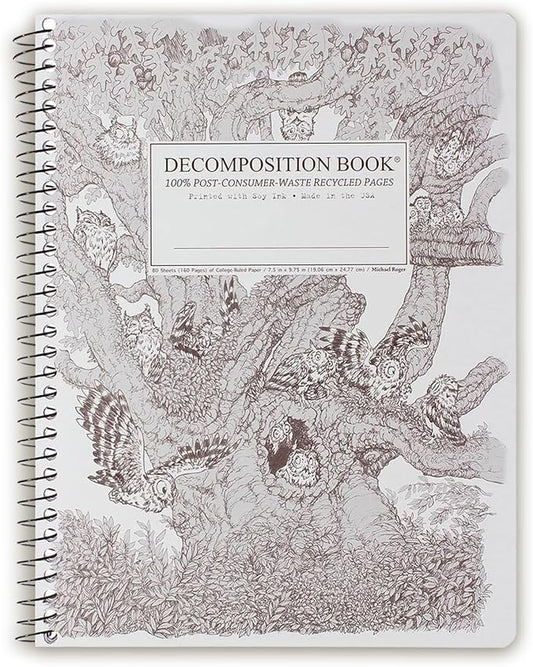 Decomposition Screech Owls College Ruled Spiral Notebook - 9.75 x 7.5 Journal with 160 Lined Pages - 100% Recycled Paper - Cute Notebooks for School Supplies, Home & Office - Made in USA