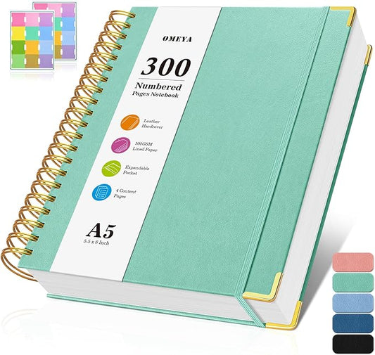 Spiral Notebook, 300 Numbered Pages Notebooks College Ruled with Contens, 100GSM Thick Journal for Women Men, Hardcover Leather Lined Journal for Writing, Large A5 Journaling Notebooks for Work School