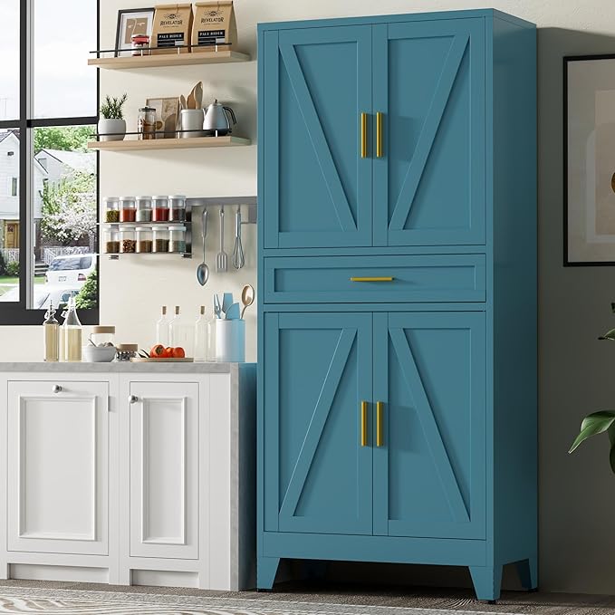 71" Tall Metal Storage Cabinet with Adjustable Shelves,Farmhouse Kitchen Pantry Cabinet with 2 Barn Doors and Drawer,Large Storage Cabinets for Dining Room,Bathroom,Living Room(Blue)