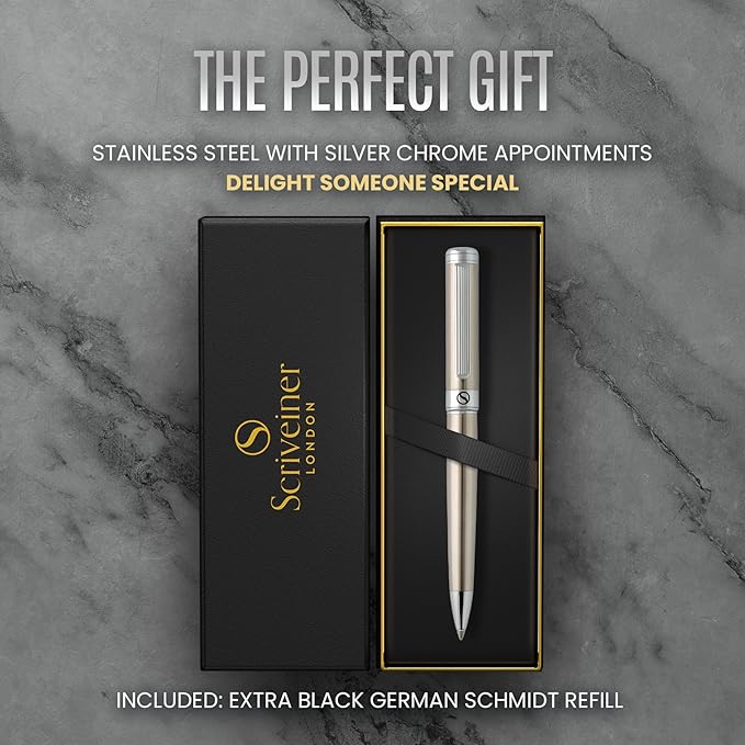 Scriveiner Stainless Steel Ballpoint Pen - Stunning Luxury Pen with Stainless Steel Finish, Schmidt Black Refill, Best Ball Pen Gift Set for Men & Women, Professional, Executive, Office, Nice Pens