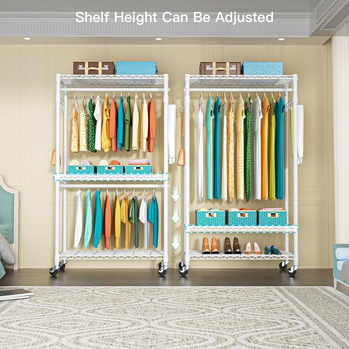 P1 Heavy Duty Garment Rack, 3 Tiers Adjustable Rolling Metal Closet Organizer with Lockable Wheels, FreeStanding Wardrobe with Double Hanger Rods & 1 Pair Hooks, Max Load 450 LBS, White