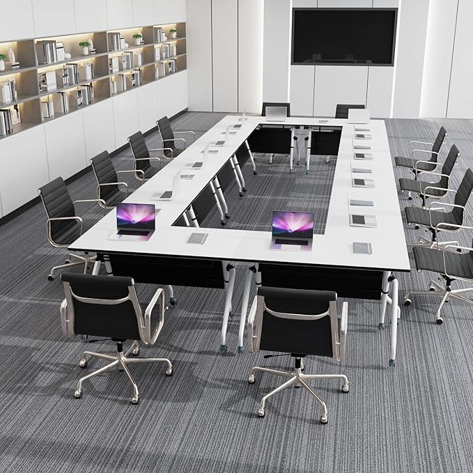 Conference Table, Folding Conference Room Tables, Mobile Training Tables with Silent Wheels, Large Rectangular Modular Seminar Table Office Computer Desks for Classroom White (4Pack L47.2in)