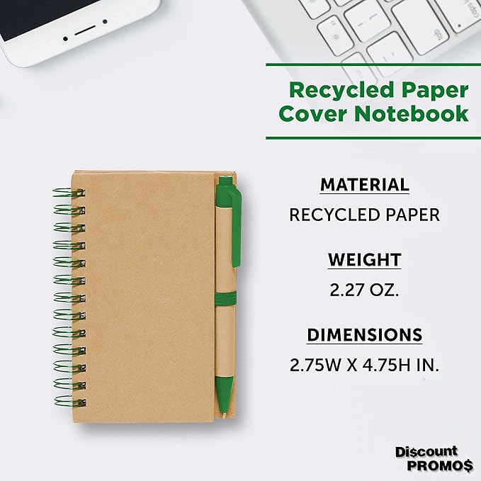 Mini Spiral Notebooks with Black Ink Pens Set of 10, Bulk Pack - Perfect for School, Office, Business, Home - Green