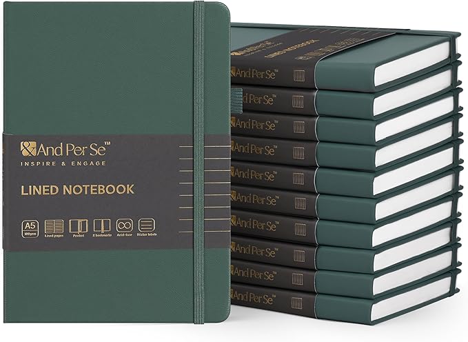 &And Per Se Lined Journal Notebook (10 Packs), 160 Pages, A5 5.7 x 8 inches College Ruled Thick Paper Notebook Journals for Writing, Hardcover Notebooks for Women Men Office School (Green)