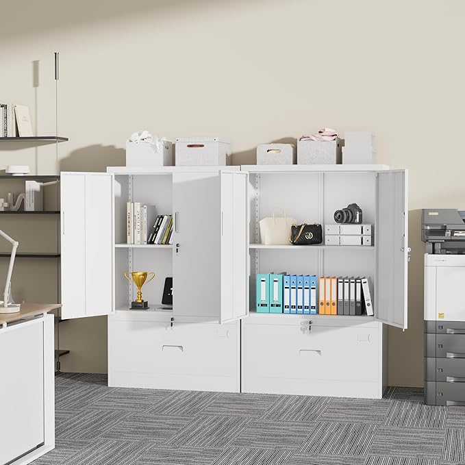 INTERGREAT Metal Storage Cabinet,Metal File Cabinet with Lockable Doors and Adjustable Shelves，Pantry Storage Cabinets for Garage,Home Office,Kitchen(White)