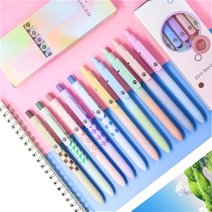 Gel Pens,10 Pcs Medium Point Smooth Writing Pens Cute Pens for Women, High-End Series 0.7mm Black Ink Pens for Journaling Note Taking, School Office Supplies (10 Pcs Gradient and Geometric)
