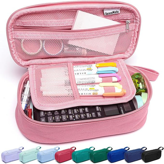 Pencil Case Pouch Box Bag School Supplies Girls Boys Kids, Cute Preppy Stuff Large Big Capacity Aesthetic Pen Organizer, Back to College Stationary, Rosy Pink, Heavy Duty Canvas, 1800ml