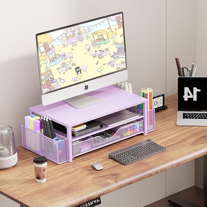 Desk Organizers and Accessories, 2-Tier Computer Monitor Stand Riser with Drawer and 2 Pen Holders, Laptop Stand, Office Desk Accessories for Office Supplies, Purple