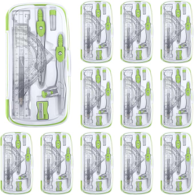 Teling 12 Sets Math Geometry Kit for Students 10 Pcs Compass Geometry Tools Set Includes Rulers Protractor Compass Eraser Pencil Sharpener Lead Refills Pencil (Green)