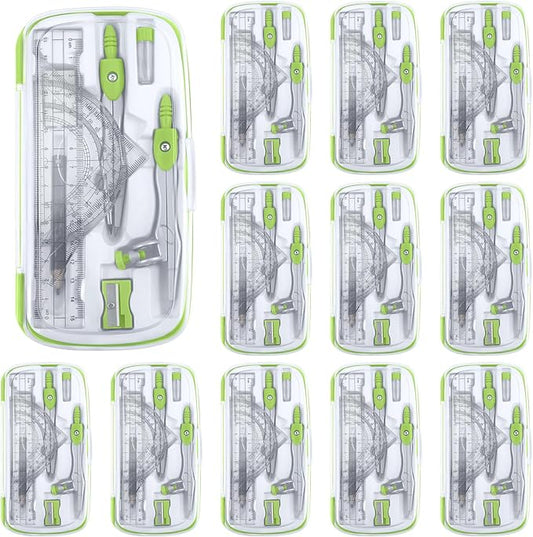 Teling 12 Sets Math Geometry Kit for Students 10 Pcs Compass Geometry Tools Set Includes Rulers Protractor Compass Eraser Pencil Sharpener Lead Refills Pencil (Green)